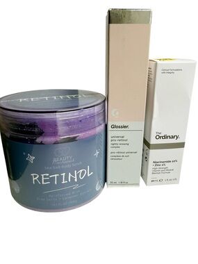 Fix your skin set: Glossier retinol, The Ordinary serum, Retinol body scrub